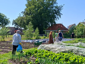 drie mensen lopen door de sociale moestuin