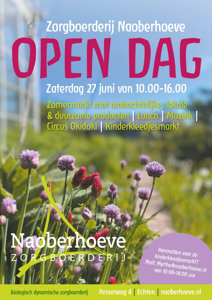 poster van open dag zorgboerderij Naoberhoeve, met het programma erop en op de achtergrond bloemen
