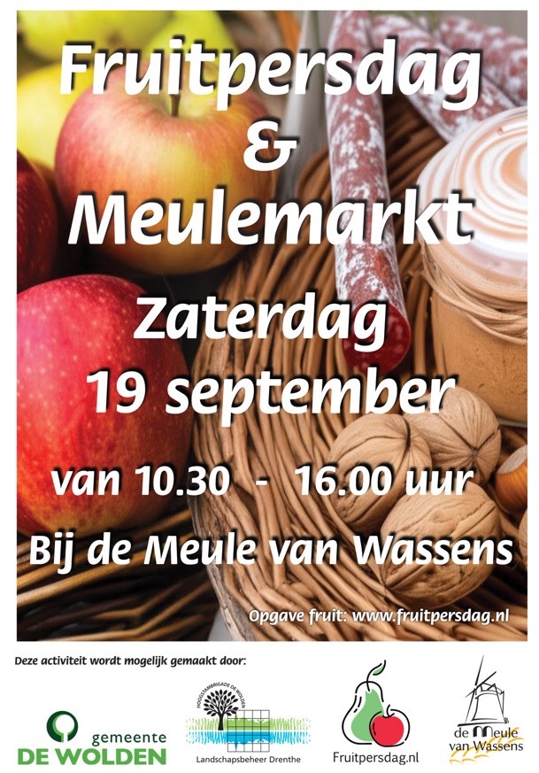 poster informatie fruitpersdag, op de achtergrond appels en een schaal met noten